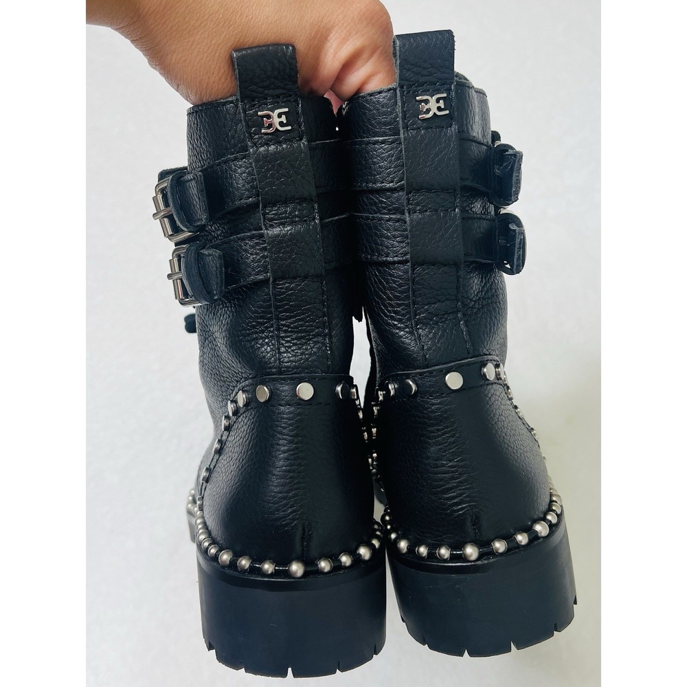 Sam Edelman Jennifer Black Leather Studded Ankle Combat Lace Up Side Zip Boots 7 - Picture 7 of 9